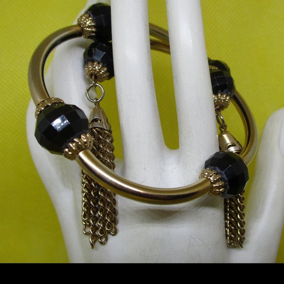 Wrap Beaded Tassel Bracelet Beaded Wrap Beaded Gold Tone Black Bracelet 1950s - Picture 8 of 10